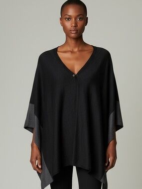 Charlie Paige Poncho Black Grey VNeck Shawl Lagenlook Classic Fall Timeless Cape
